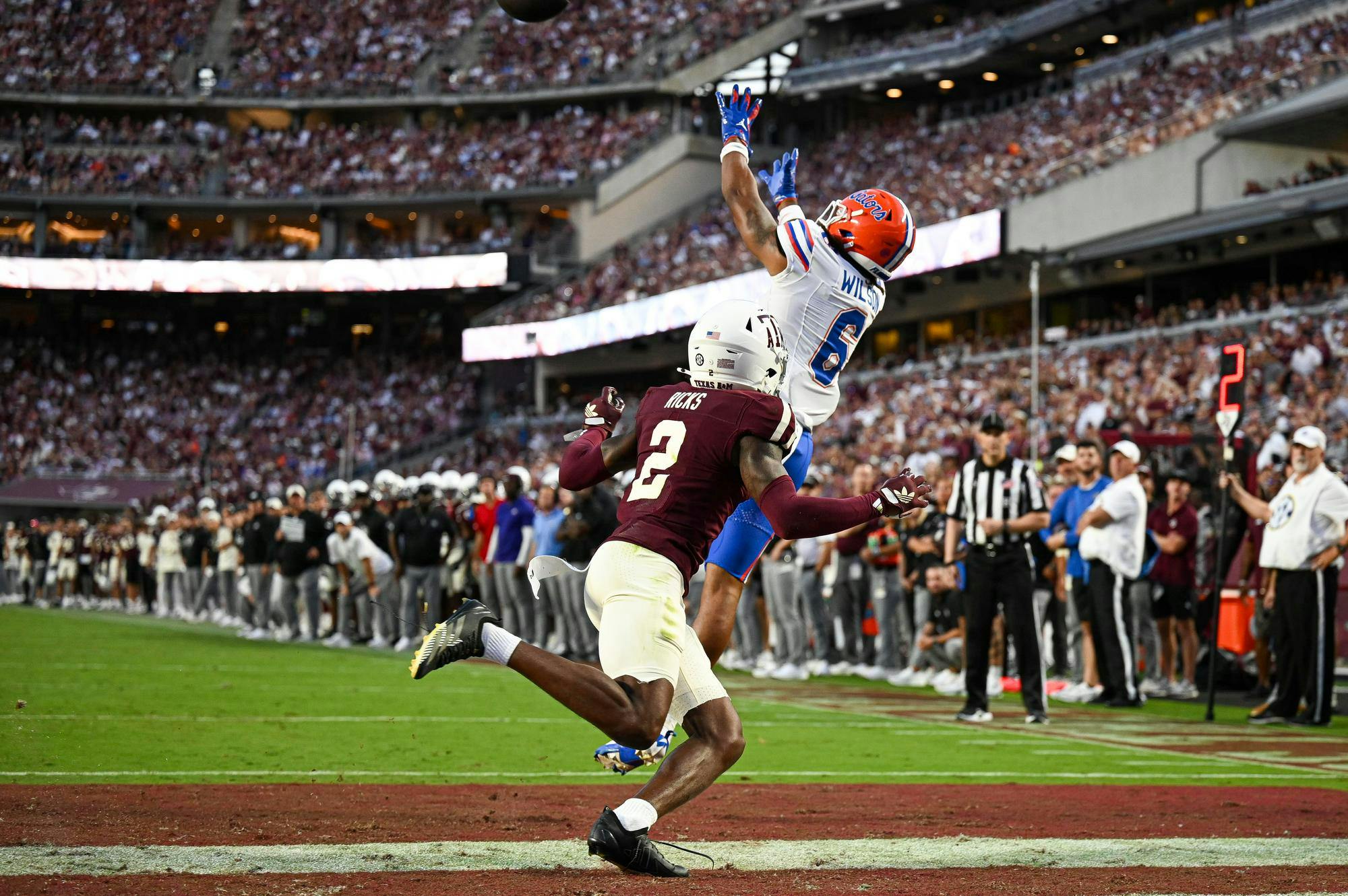 Florida Gators wide receiver Dallas Wilson (6) scores a touchdown in a NCAA college football game, Saturday, Oct. 11, 2025, in College Station, Texas.