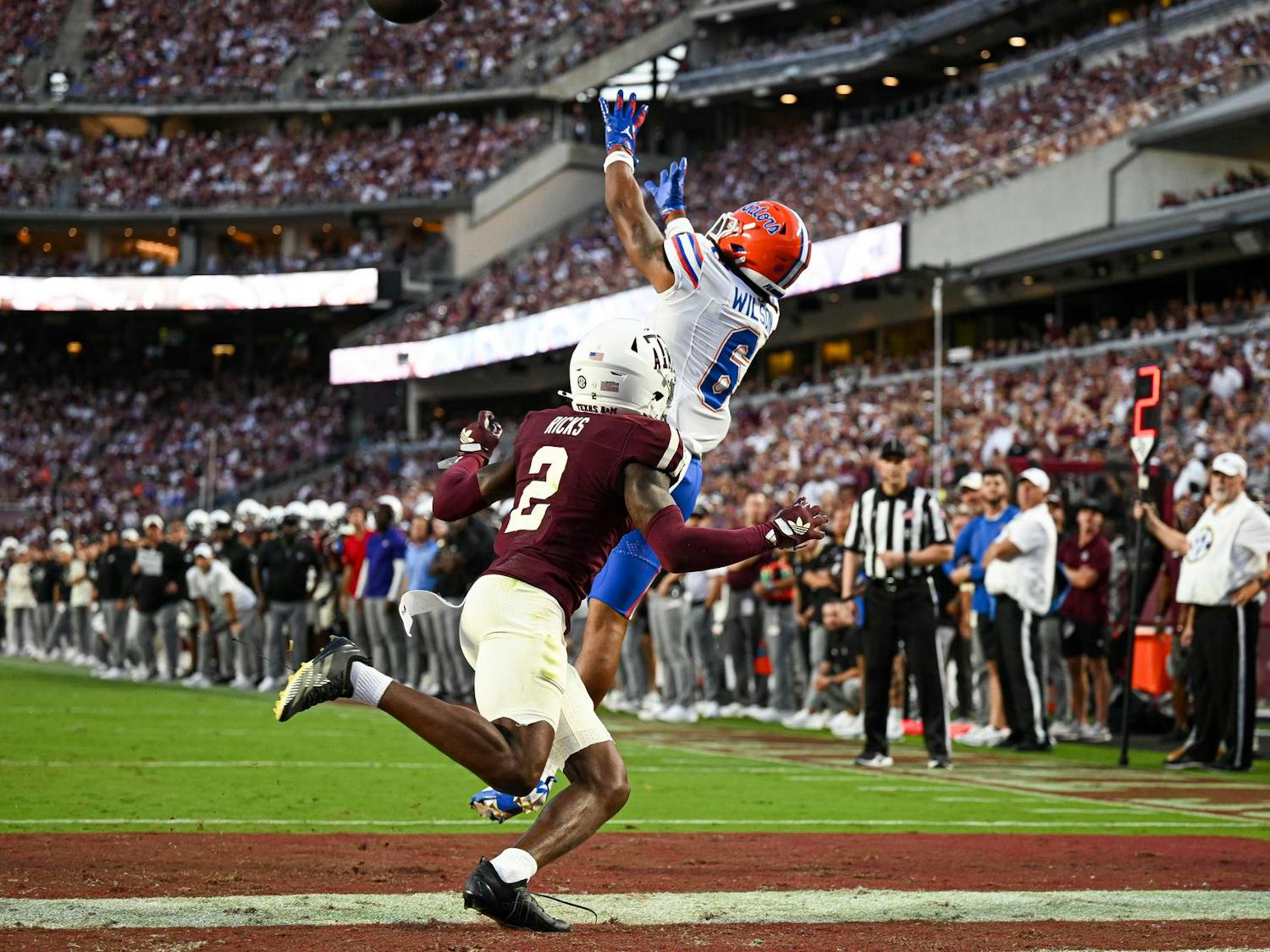 Florida Gators wide receiver Dallas Wilson (6) scores a touchdown in a NCAA college football game, Saturday, Oct. 11, 2025, in College Station, Texas.
