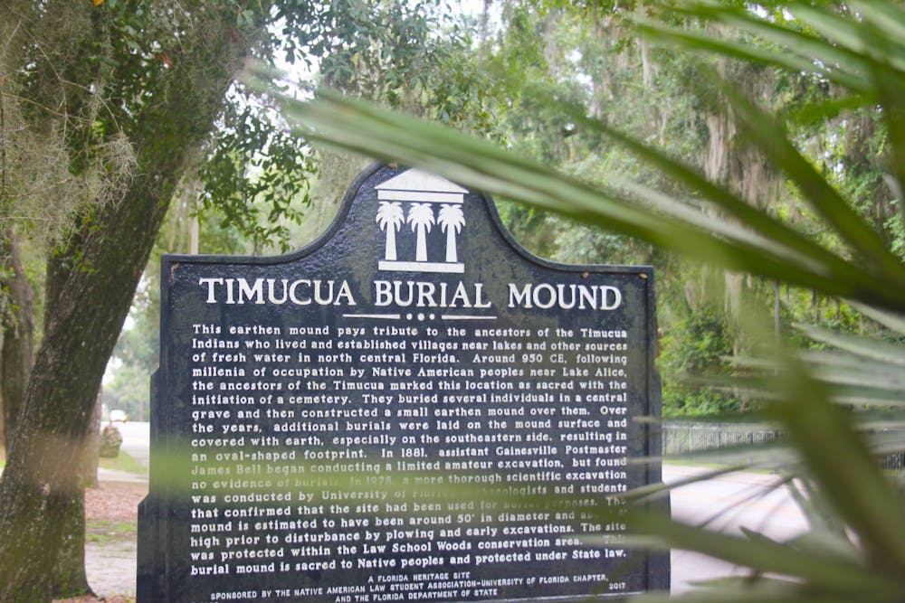 <p>Signage giving a brief description of the Timucua tribe is seen near the Levin College of Law on Saturday, July 29, 2023. <br/><br/></p>