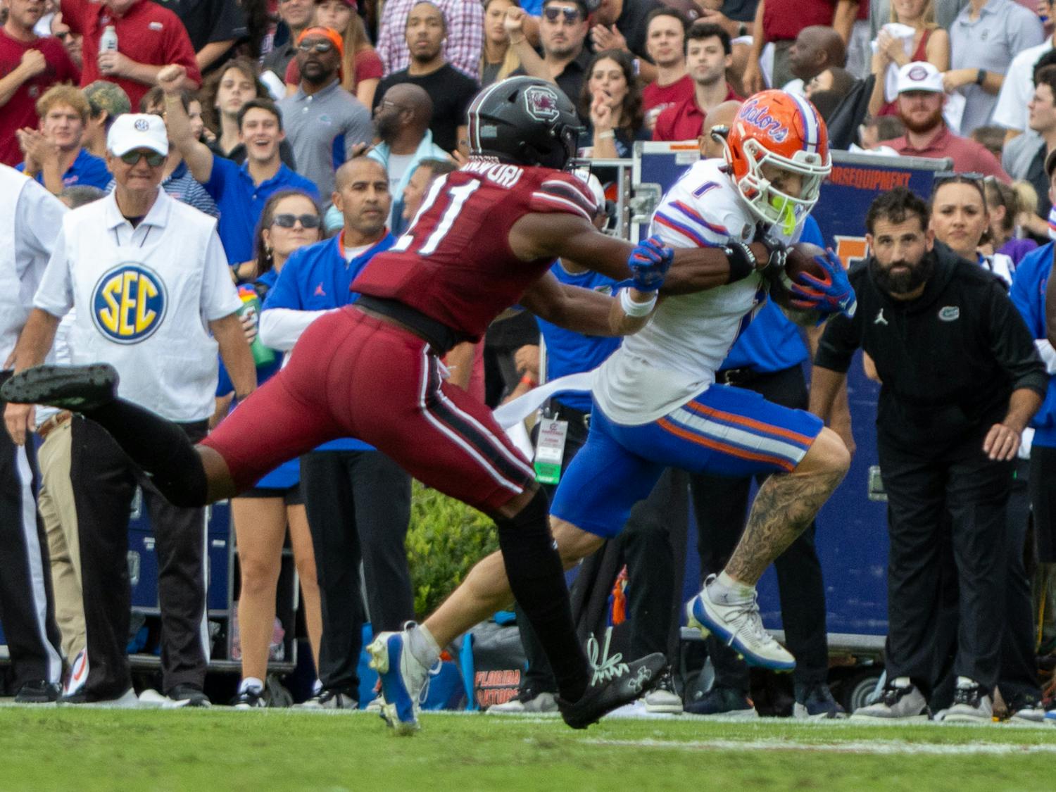 Senior wide receiver Ricky Pearsall runs past a South Carolina defender in Florida's 41-39 win against the South Carolina Gamecocks on Saturday, Oc.t 14, 2023.