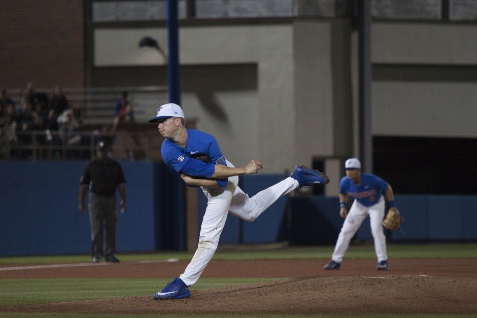 UF pitcher Brady Singer throws a pitch during Florida's 2-0 win against Miami on Feb. 25, 2017, at McKethan Stadium.