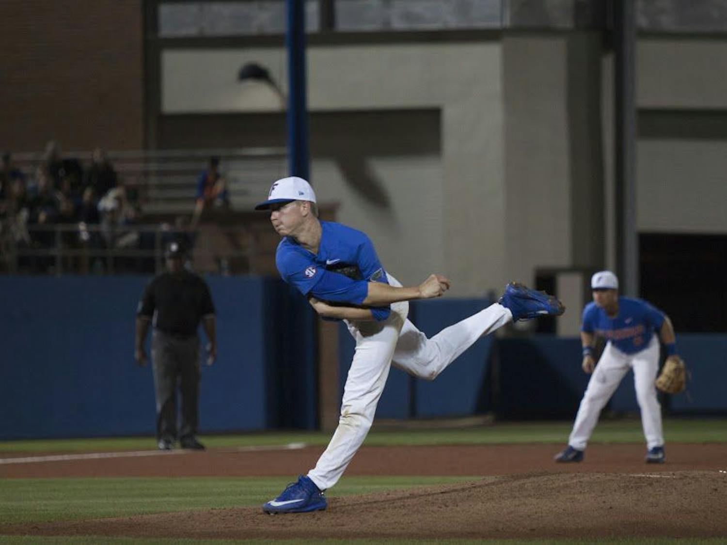 UF pitcher Brady Singer throws a pitch during Florida's 2-0 win against Miami on Feb. 25, 2017, at McKethan Stadium.