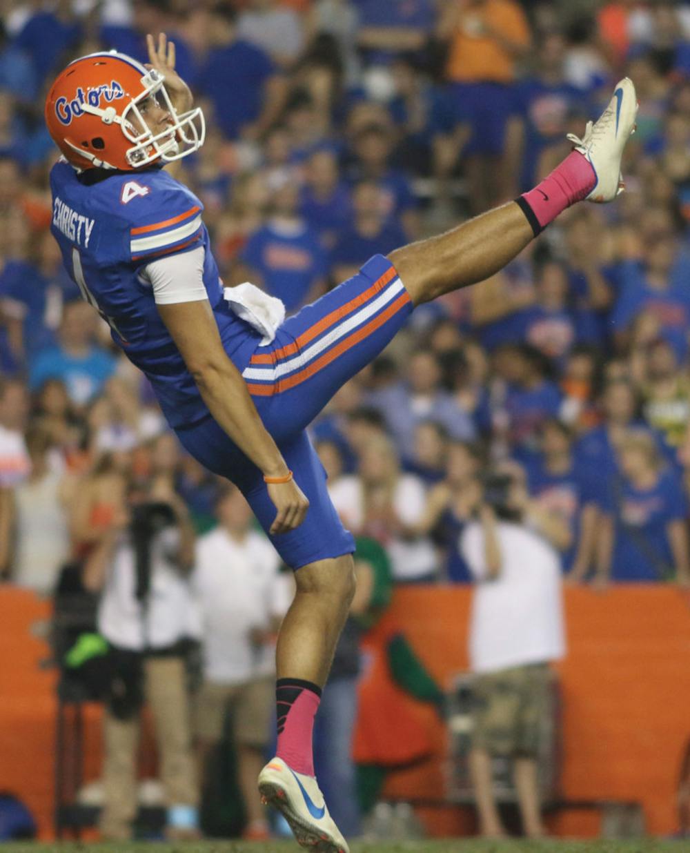 <p>Kyle Christy punts the ball during Florida’s 30-10 victory against Arkansas on Oct. 5 in Ben Hill Griffin Stadium. The junior punter lost his starting job to freshman Johnny Townsend after several weeks of poor performances.</p>