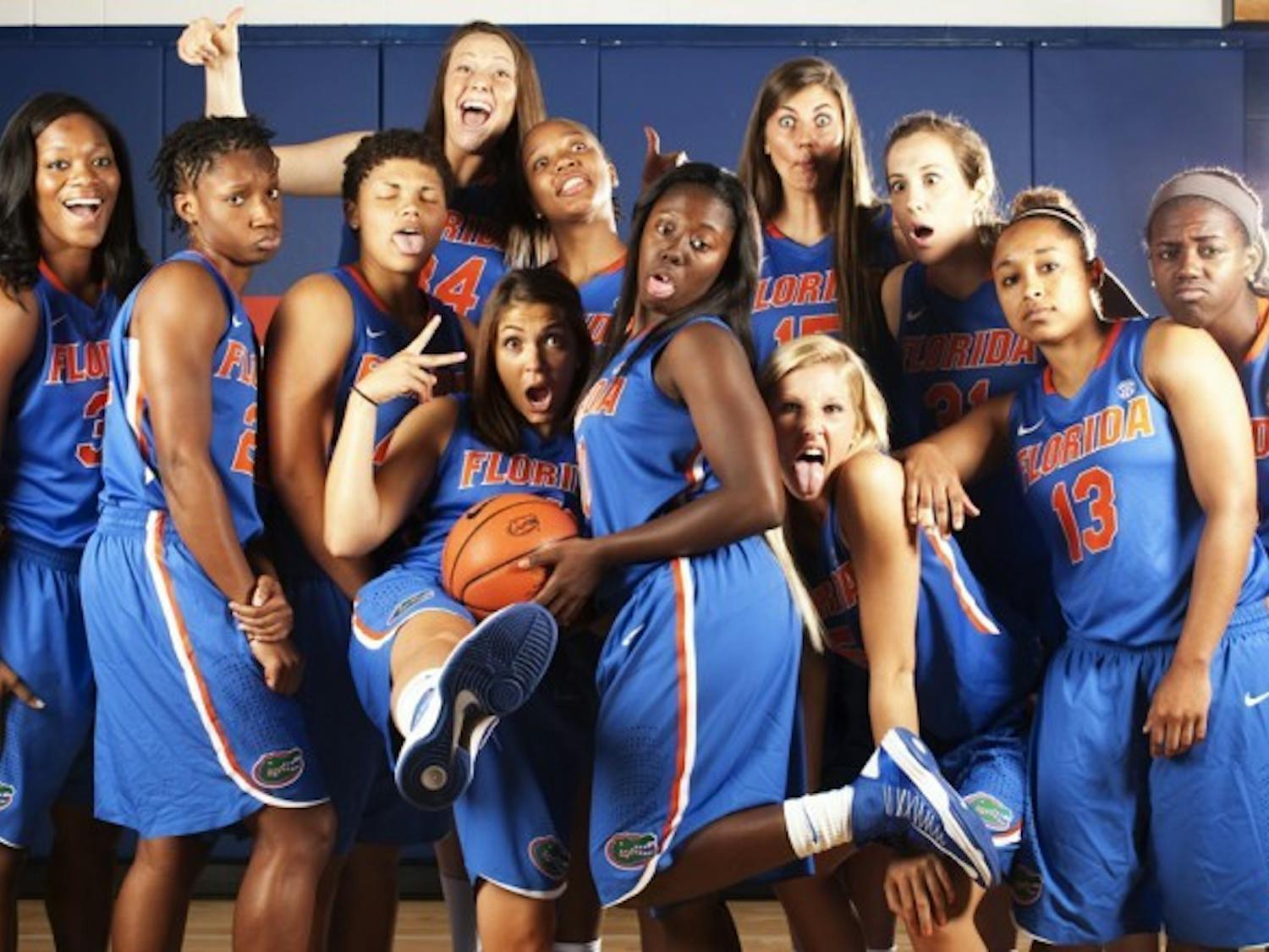 Center Vicky McIntyre (back row, left) has found a new family at Florida since transferring in May. The deaths of coach Kurt Budke and coach Miranda Serna at Oklahoma State took a heavy emotional toll on McIntyre.&nbsp;
