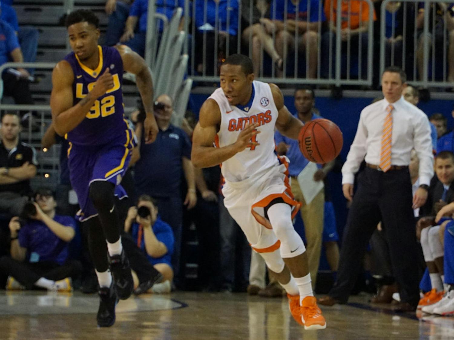 UF guard KeVaughn Allen drives down the court during Florida’s 68-62 win over LSU on Jan. 9, 2016, in the O’Connell Center.