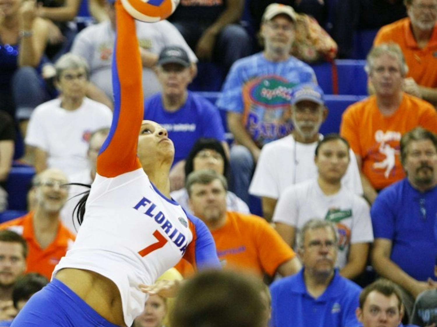 Freshman Gabby Mallette serves during Florida’s 3-0 win against Arkansas on Friday in the O’Connell Center. Mallette notched two blocks against the Razorbacks and leads Gators freshmen with 23 this season.&nbsp;
