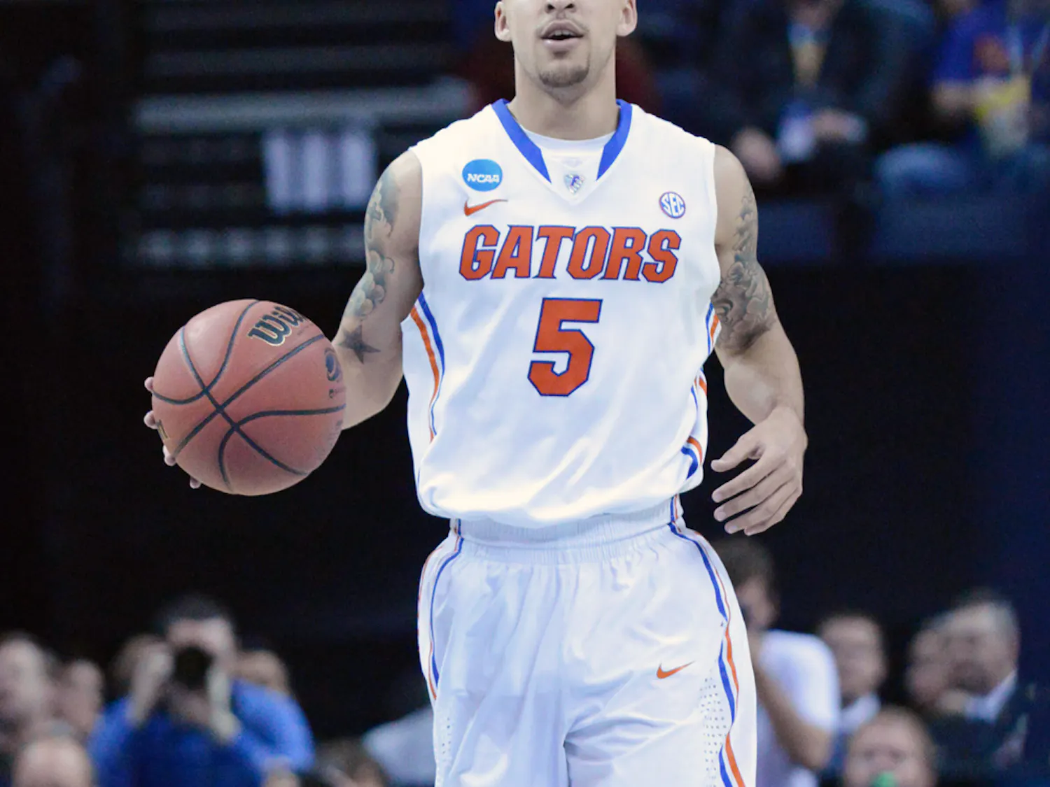 Scottie Wilbekin drives down the court during Florida’s 79-68 win in the Sweet 16 round of the NCAA Tournament against UCLA on March 27 inside the FedExForum in Memphis, Tenn.