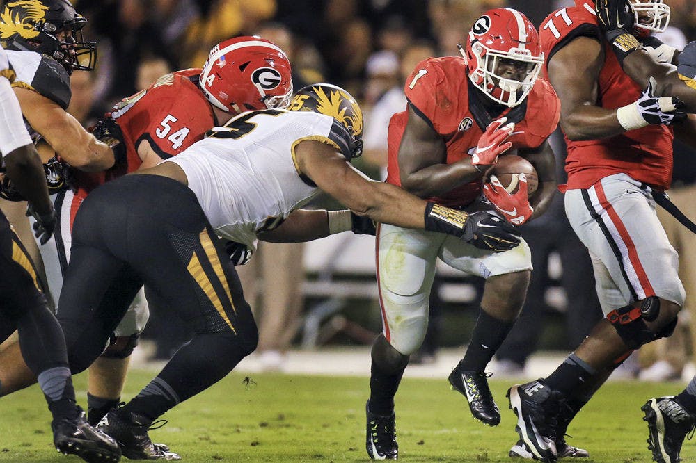 <p>Georgia running back Sony Michel runs the ball during the Bulldogs 9-6 win over Missouri on Oct. 17, 2015, at Sanford Stadium in Athens, Georgia.</p>