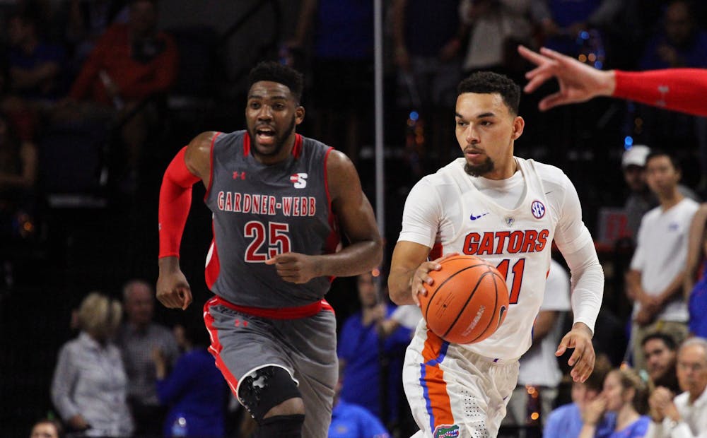 <p>Florida guard Chris Chiozza recorded 19 points, seven assists and three steals in UF's 72-63 win over James Madison on Wednesday at the O'Connell Center.</p>