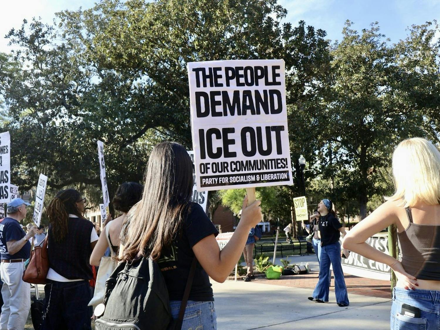 UF students walk out in protest of ICE raids in Minneapolis, Minn. The demonstration took place on Plaza of the Americas in Gainesville, Fla., Friday, Jan. 23, 2026.