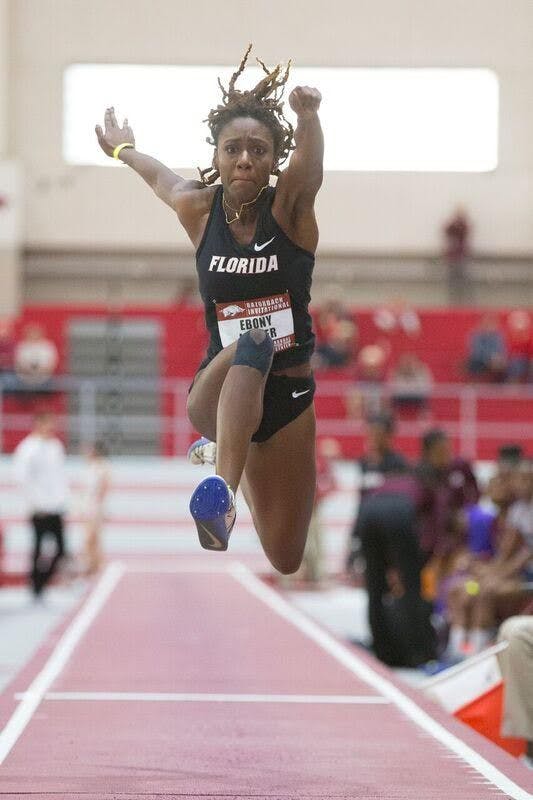 UF's Ebony Luster leaps during the Razorback Invitational on Jan. 28, 2017, in Fayetteville, Arkansas.&nbsp;
