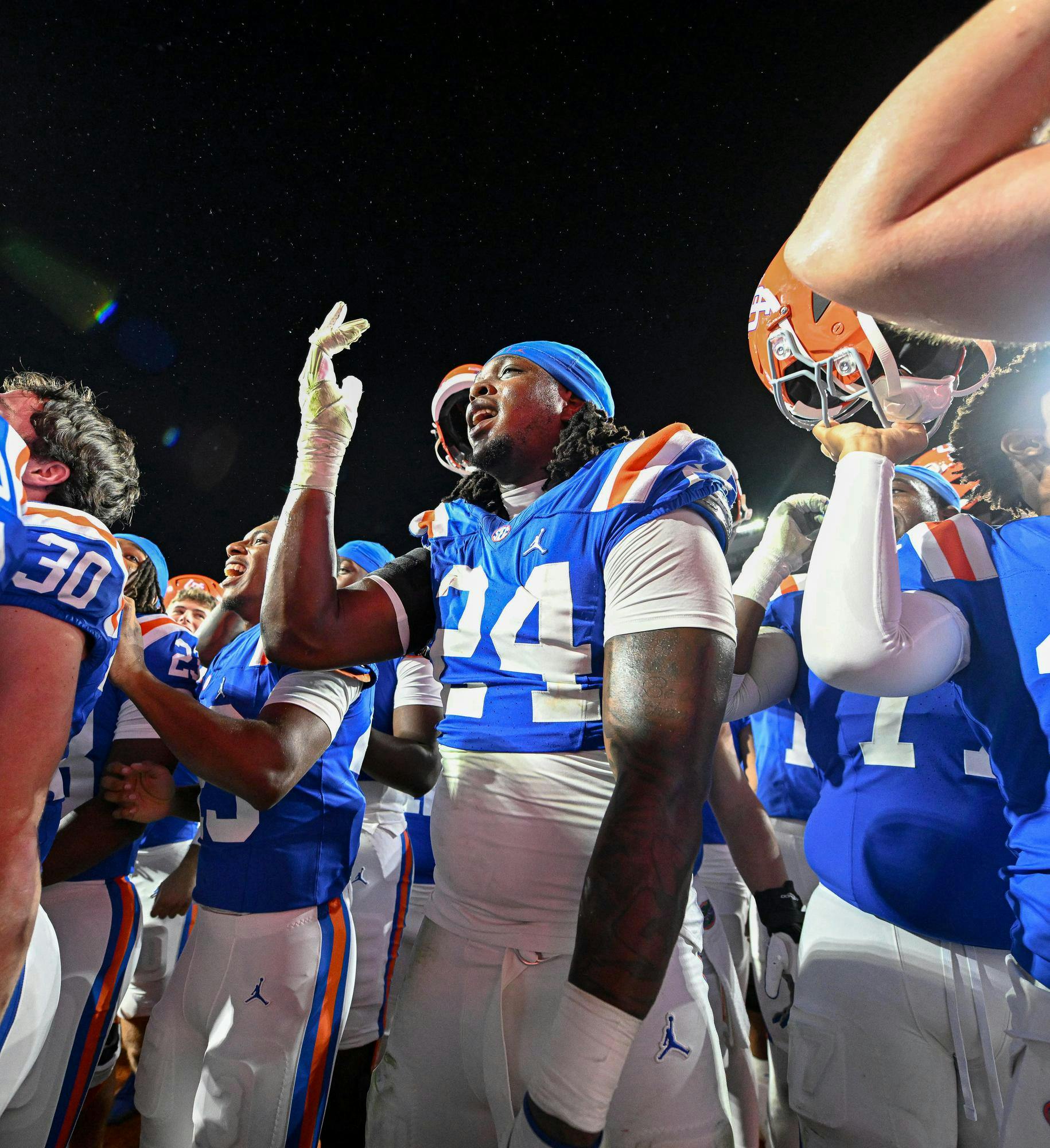 Florida Gators edge rusher Kamran James (24) celebrates after a win in a NCAA college football game, Saturday, Oct. 18, 2025, in Gainesville, Fla.