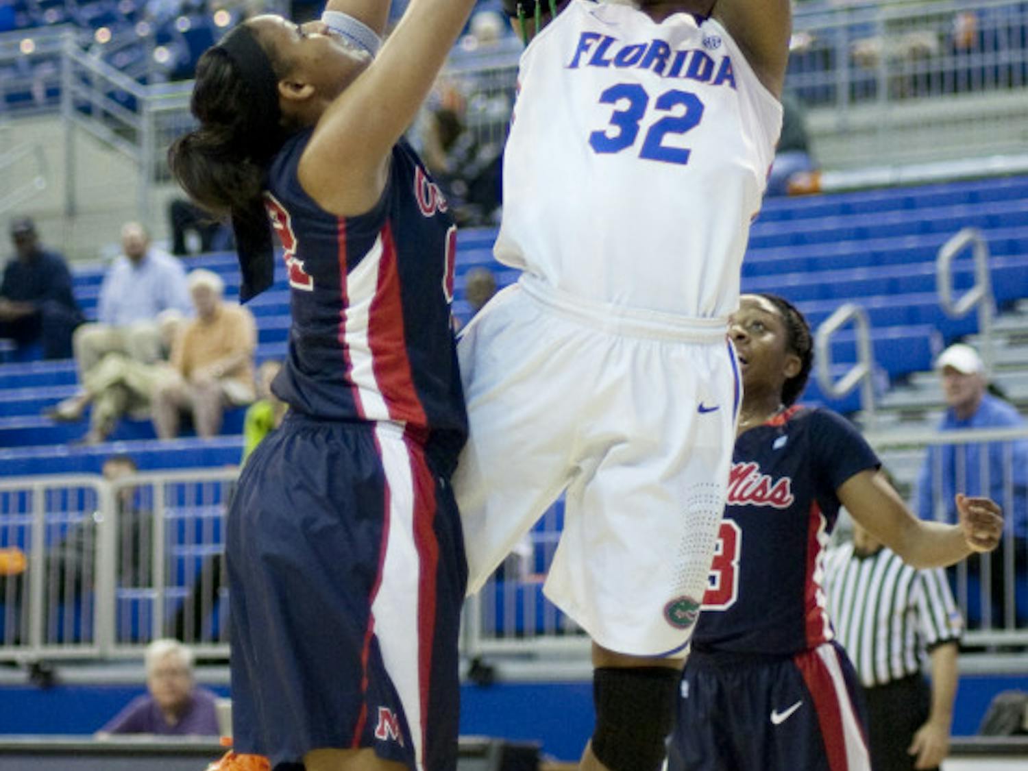 Forward Jennifer George attempts a shot during Florida’s 88-81 loss to Ole Miss on Jan. 24 in the O’Connell Center. The Gators have lost four consecutive games in Southeastern Conference play.