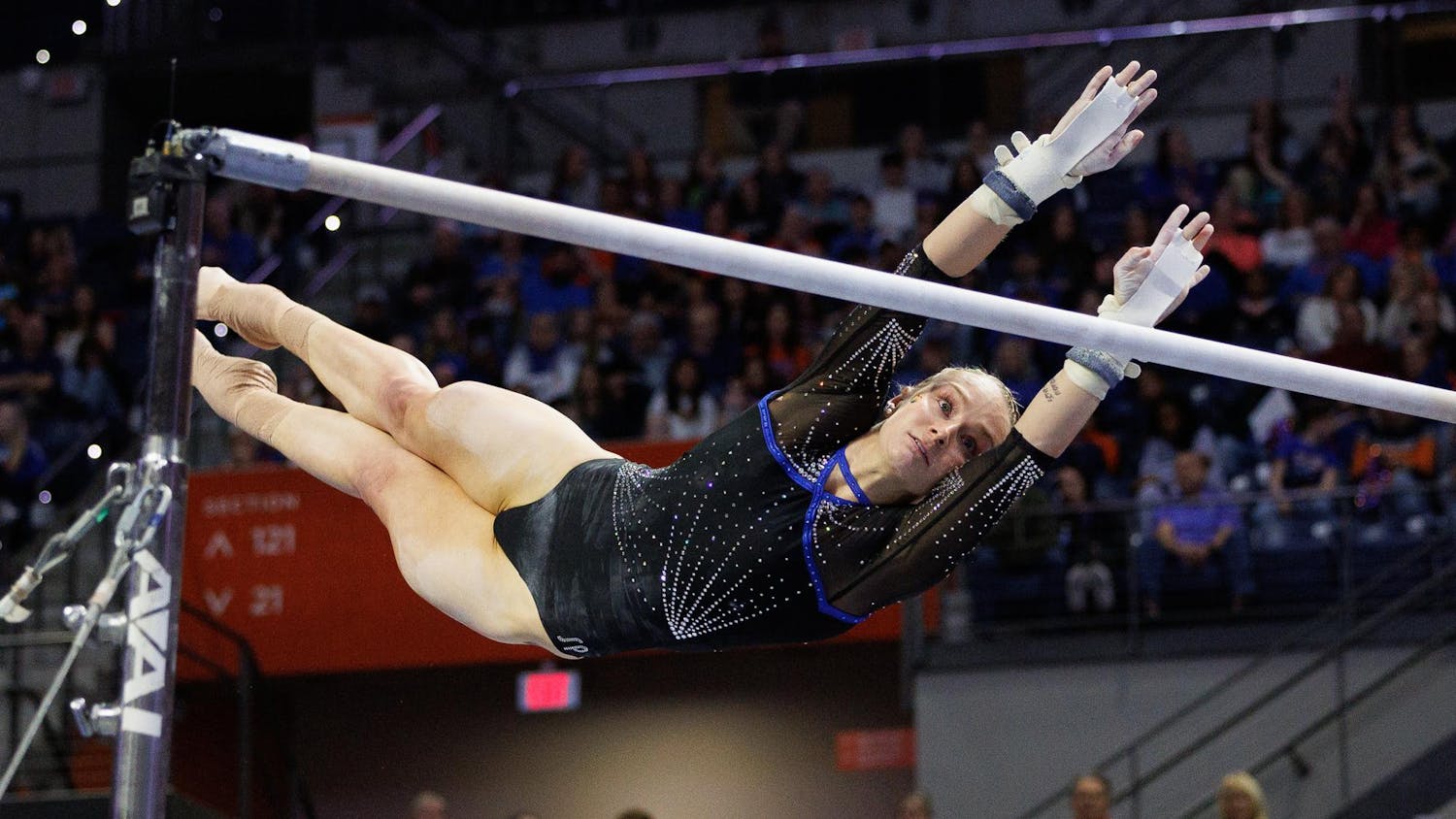 Florida gymnast Riley McCusker performs on the uneven bars during a NCAA gymnastics meet against Arkansas, Friday, Jan. 30, 2026, in Gainesville, Fla.