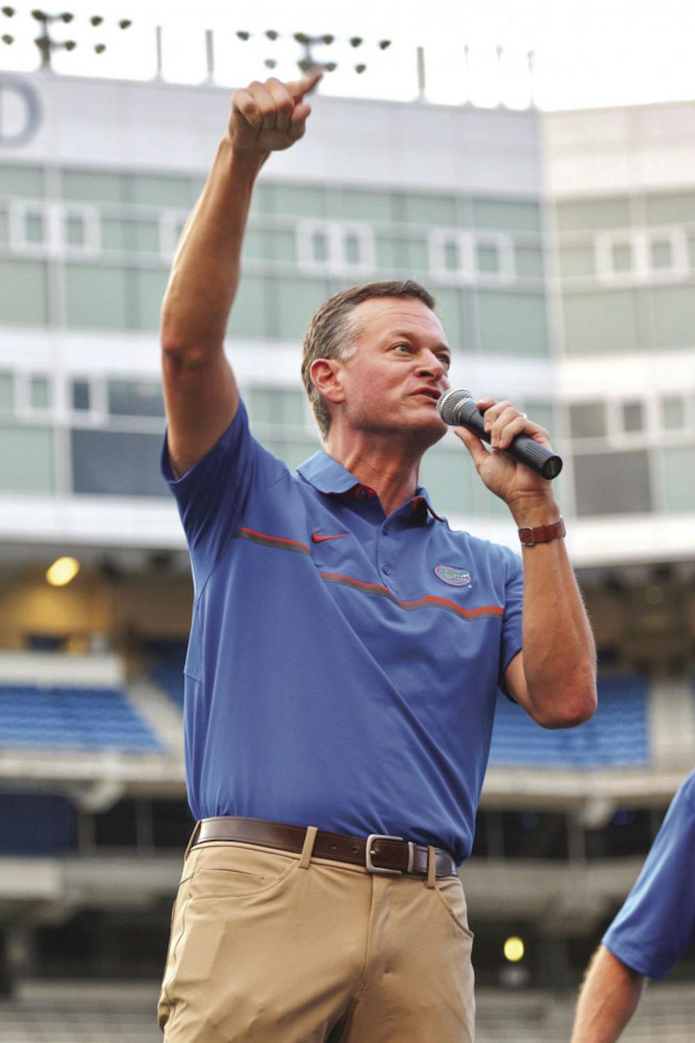 <p><span id="docs-internal-guid-a4441183-038d-7e86-9c58-d45bc1905e0b"><span>Scott Stricklin, 47, the UF athletic director, points to the audience in attendance, saying that without the support of the UF Student Body, the Gators’ athletic success wouldn’t be possible.</span></span></p>