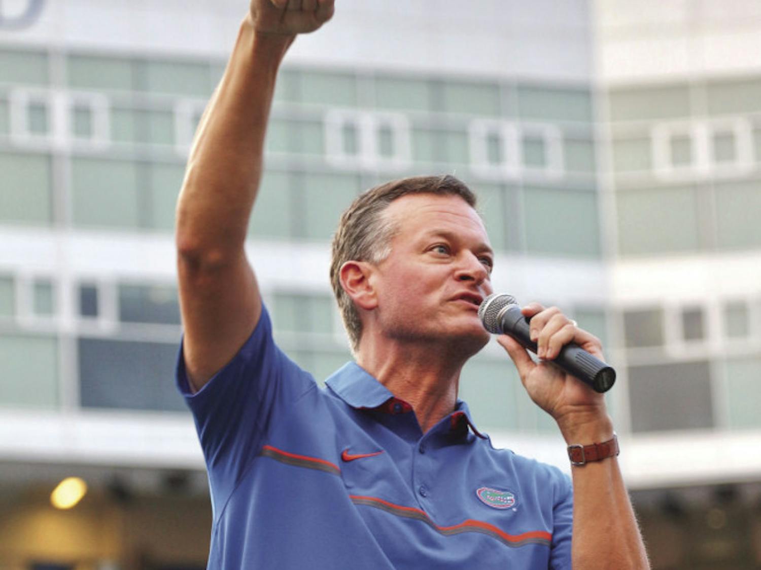 Scott Stricklin, 47, the UF athletic director, points to the audience in attendance, saying that without the support of the UF Student Body, the Gators’ athletic success wouldn’t be possible.