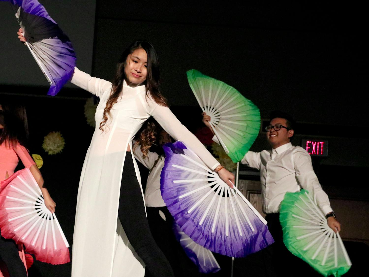 The Vietnamese Student Organization’s traditional dance group waved their fans for their performance on Saturday night for the organization's “Tết” celebration, or the Vietnamese New Year. They also performed with umbrellas and bamboo hats as part of the holiday tradition.