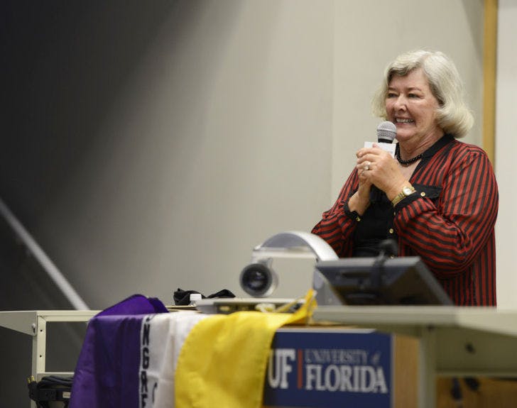 Former U.S. Representative Patricia Schroeder speaks to about 200 people at the Buddy &amp; Anne MacKay Auditorium on Monday evening.