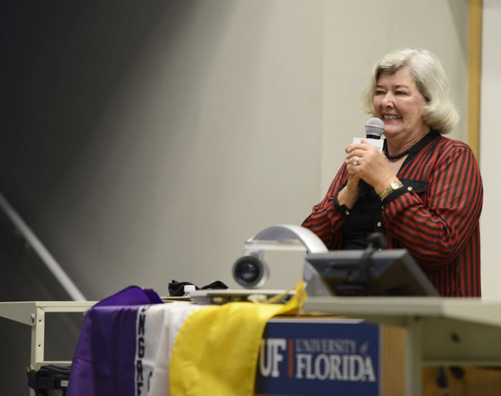 <p>Former U.S. Representative Patricia Schroeder speaks to about 200 people at the Buddy &amp; Anne MacKay Auditorium on Monday evening.</p>