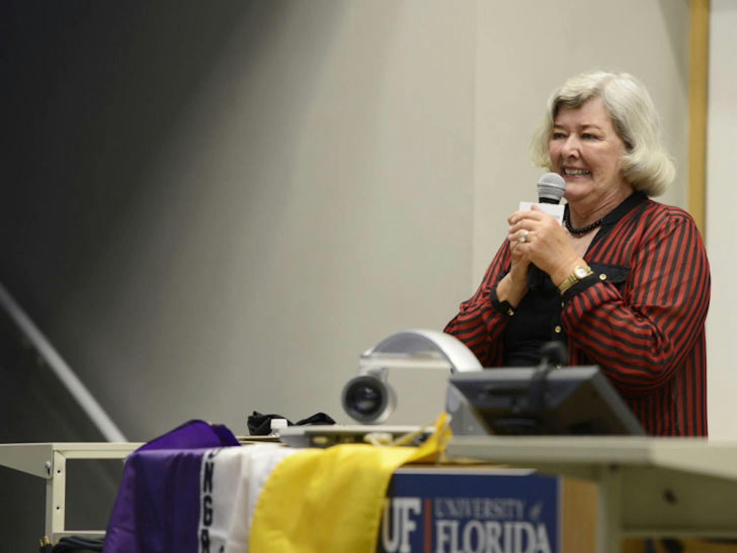 Former U.S. Representative Patricia Schroeder speaks to about 200 people at the Buddy &amp; Anne MacKay Auditorium on Monday evening.