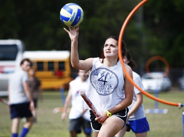 Margaret Egeln, a 19-year-old UF biology freshman, attempts a shot during the Florida Quidditch team practice Saturday on Flavet Field. The Florida Quidditch team will head to Kissimmee this weekend to participate in the sixth annual World Cup.