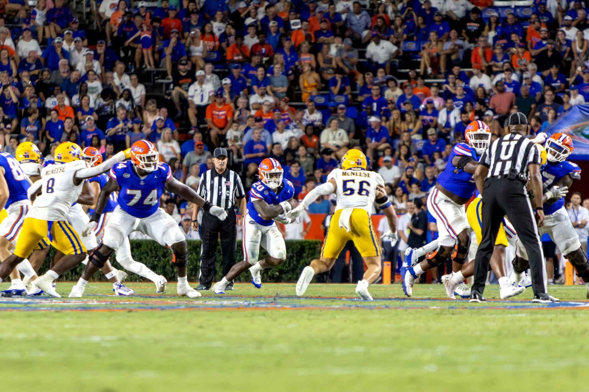 Freshman running back Treyaun Webb runs the ball in the Florida Gators' 49-7 win against the McNeese State Cowboys Saturday, Sept. 9, 2023.