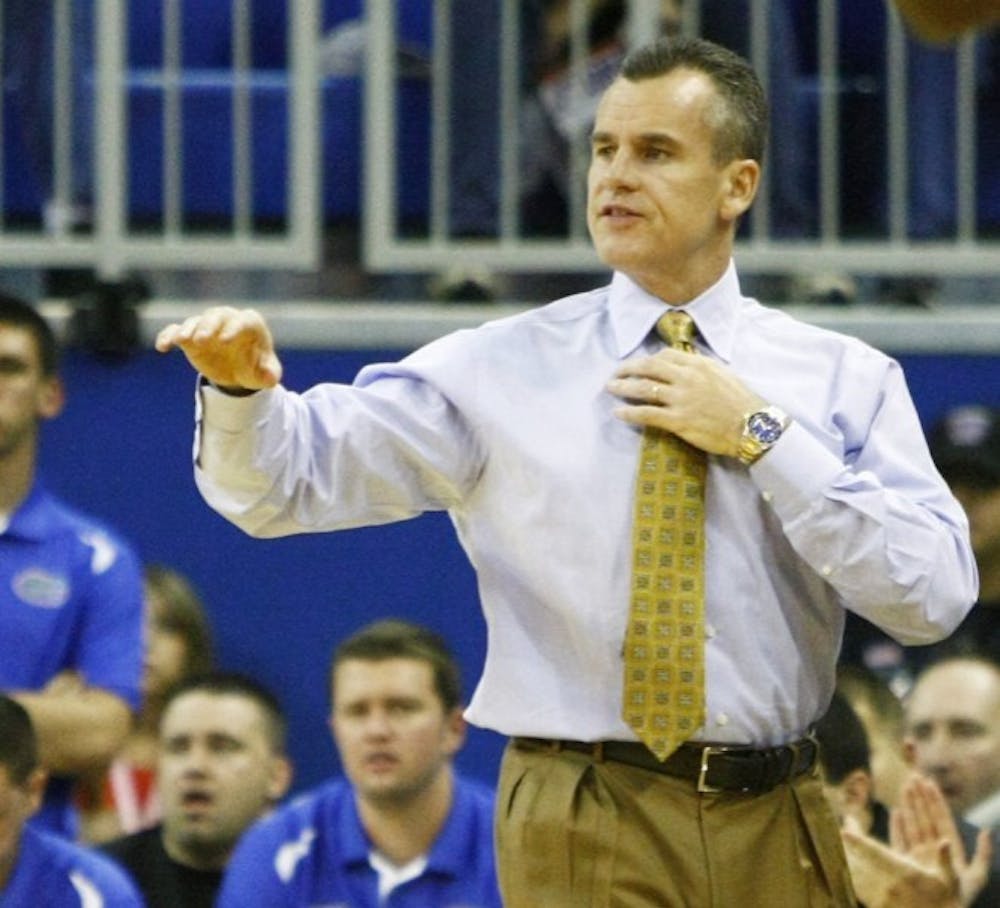 <p align="justify">Coach Billy Donovan signals to his team during Florida’s 101-71 exhibition win against Nebraska-Kearney on Nov. 1 in the O’Connell Center.</p>