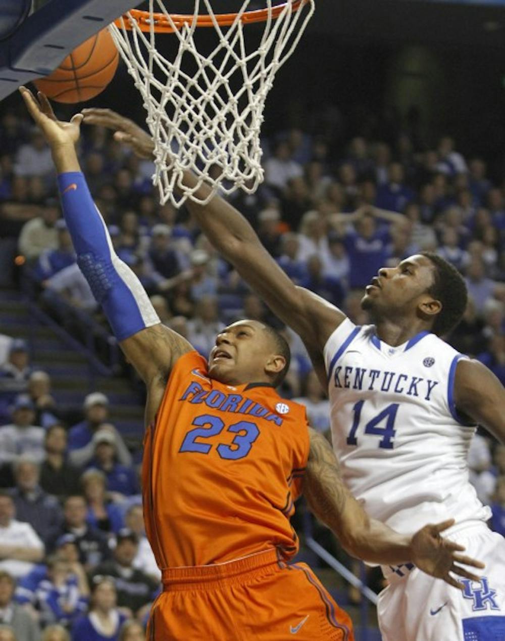 <p align="justify"><span lang="EN" xml:lang="EN">Florida freshman</span></p>
<p><span lang="EN" xml:lang="EN">Brad Beal (left) credited Kentucky for shutting down the Gators’</span></p>
<p><span lang="EN" xml:lang="EN">strength on offense — 3-point shooting. UF made just 6 of 27</span></p>
<p><span lang="EN" xml:lang="EN">attempts from three in the 78-58 loss.</span></p>