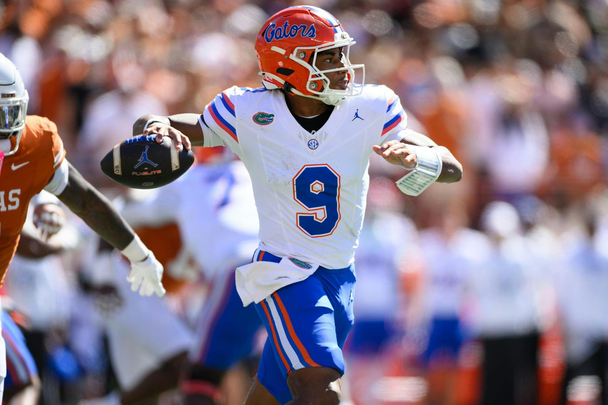 Florida quarterback Tramell Jones Jr. (9) throws during the first half of an NCAA college football game against Texas, Friday, Oct. 16, 2026, in Austin, Texas.