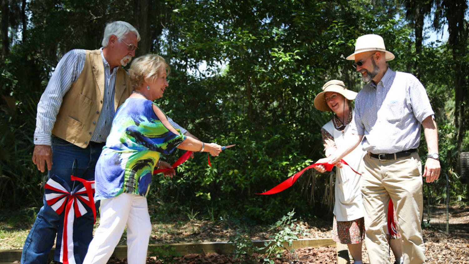 From left to right, Art Wade, Elaine Spencer, Valerie Rivers and Keith Honeycutt cut the ribbon to usher in the Marjorie Kinnan Rawlings rose. It was dedicated to the author on Sunday afternoon at the Marjorie Kinnan Rawlings House and Farm.