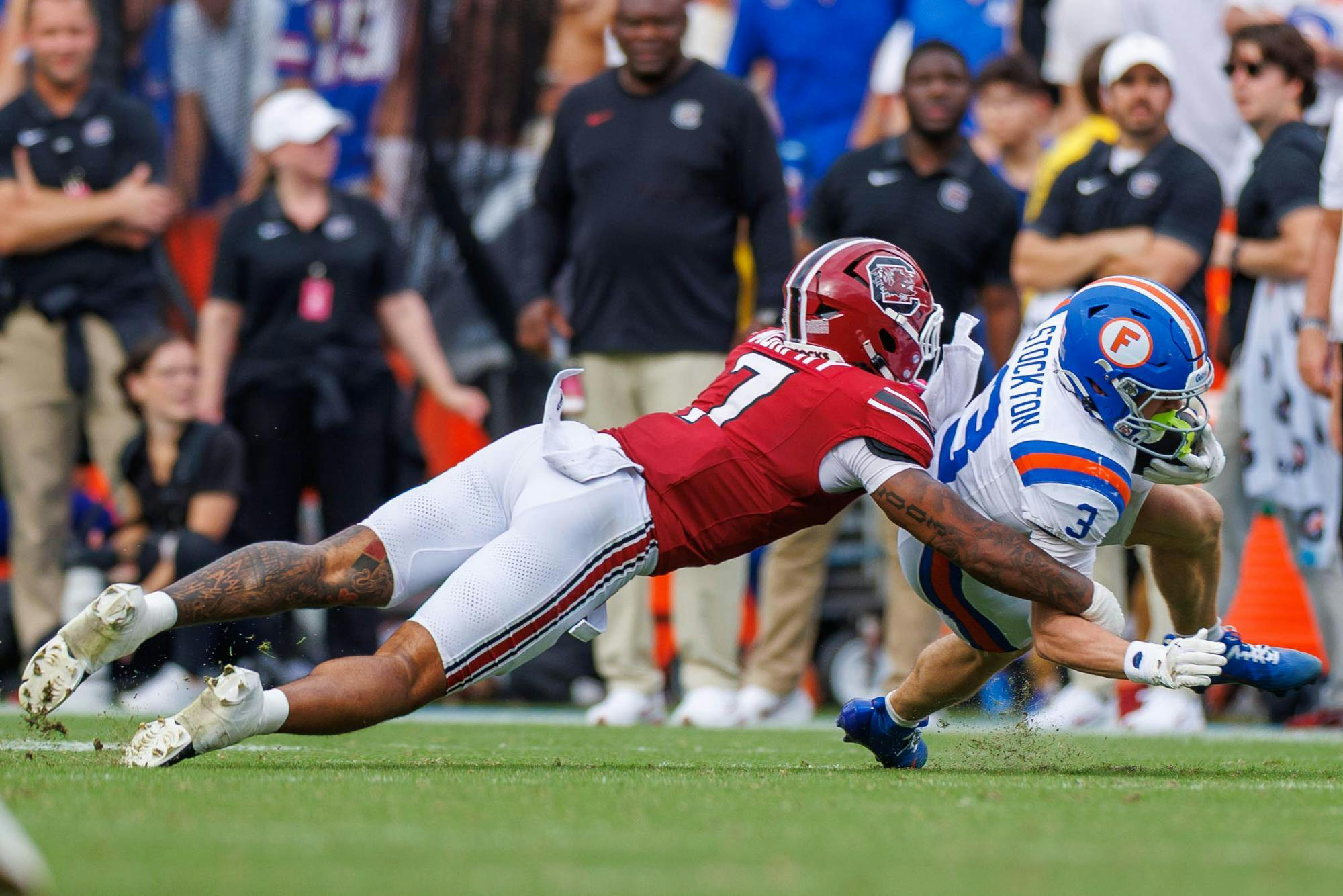 Florida wide receiver Bailey Stockton (3) gets tackled during the second half of an NCAA college football game against South Carolina, Saturday, Oct. 10, 2026, in Gainesville, Fla.