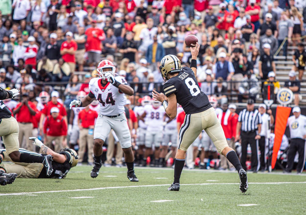 Vanderbilt quarterback Ken Seal attempts a pass against Georgia. Photo courtesy Hustler Multimedia/Mattigan Kelly