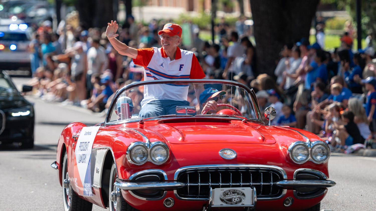 UF Interim President Donald Landry rides down 13th Street in Gainesville in the 102nd UF Homecoming Parade. The parade took place on Friday, Oct. 17, 2025.