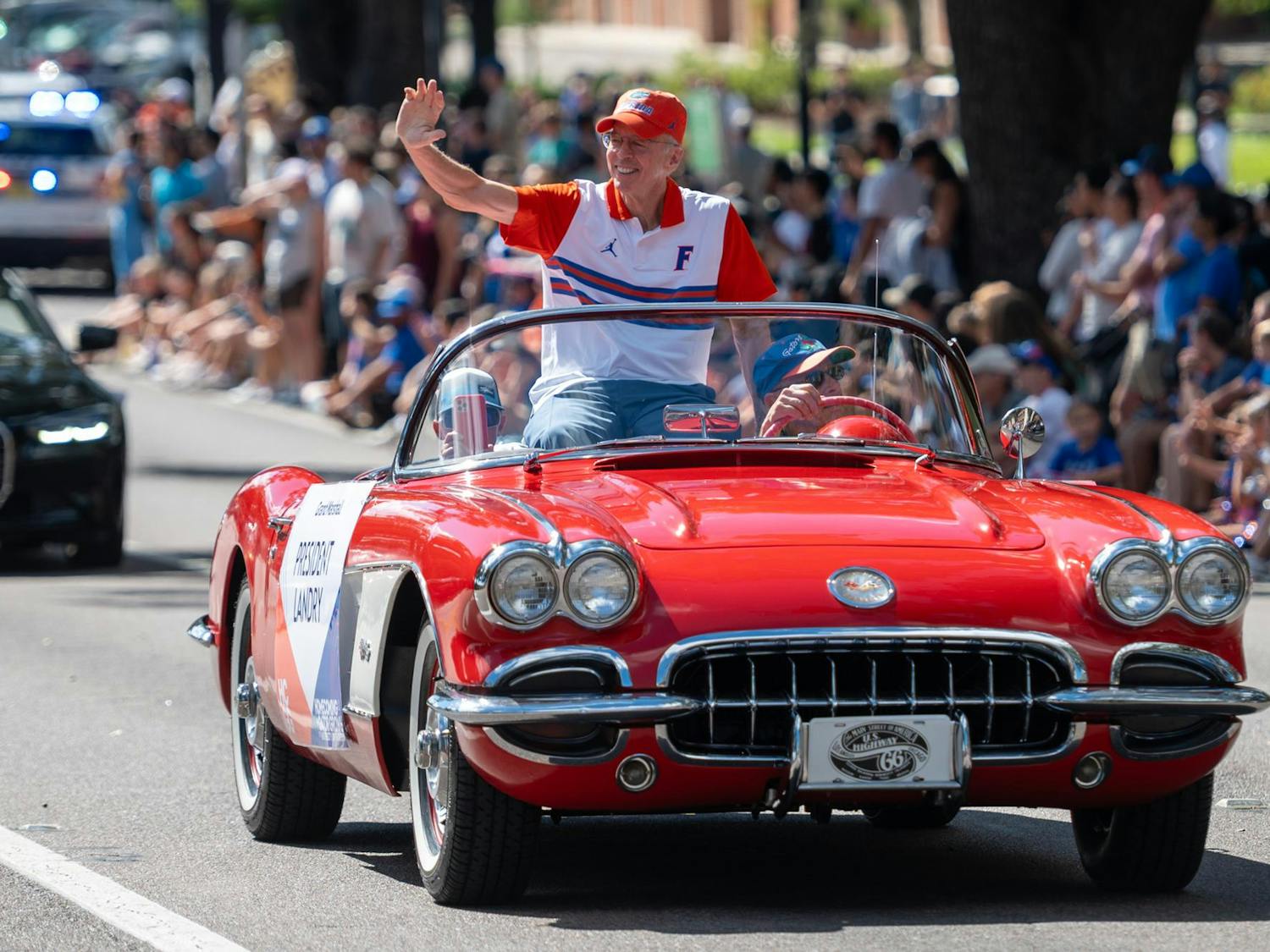 UF Interim President Donald Landry rides down 13th Street in Gainesville in the 102nd UF Homecoming Parade. The parade took place on Friday, Oct. 17, 2025.