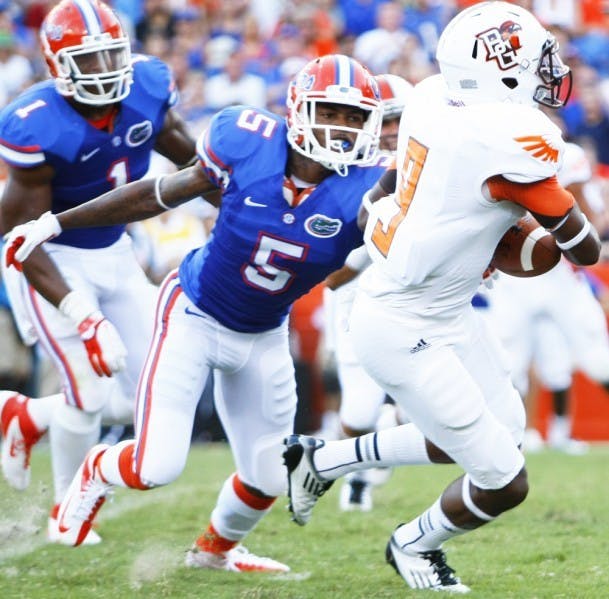 Sophomore cornerback back Marcus Roberson (5) pursues Bowling Green wide receiver Shaun Joplin (9) during UF's 27-14 victory on Sept. 1 at Ben Hill Griffin Stadium.&nbsp;