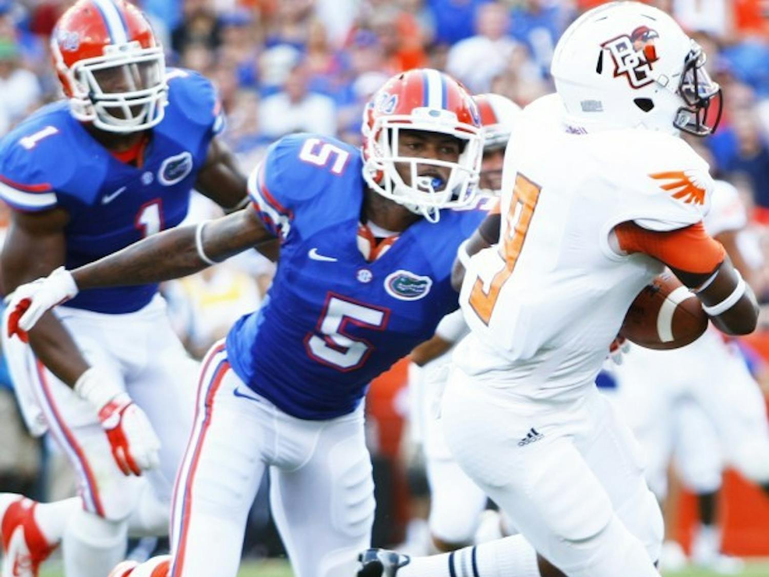 Sophomore cornerback back Marcus Roberson (5) pursues Bowling Green wide receiver Shaun Joplin (9) during UF's 27-14 victory on Sept. 1 at Ben Hill Griffin Stadium. 