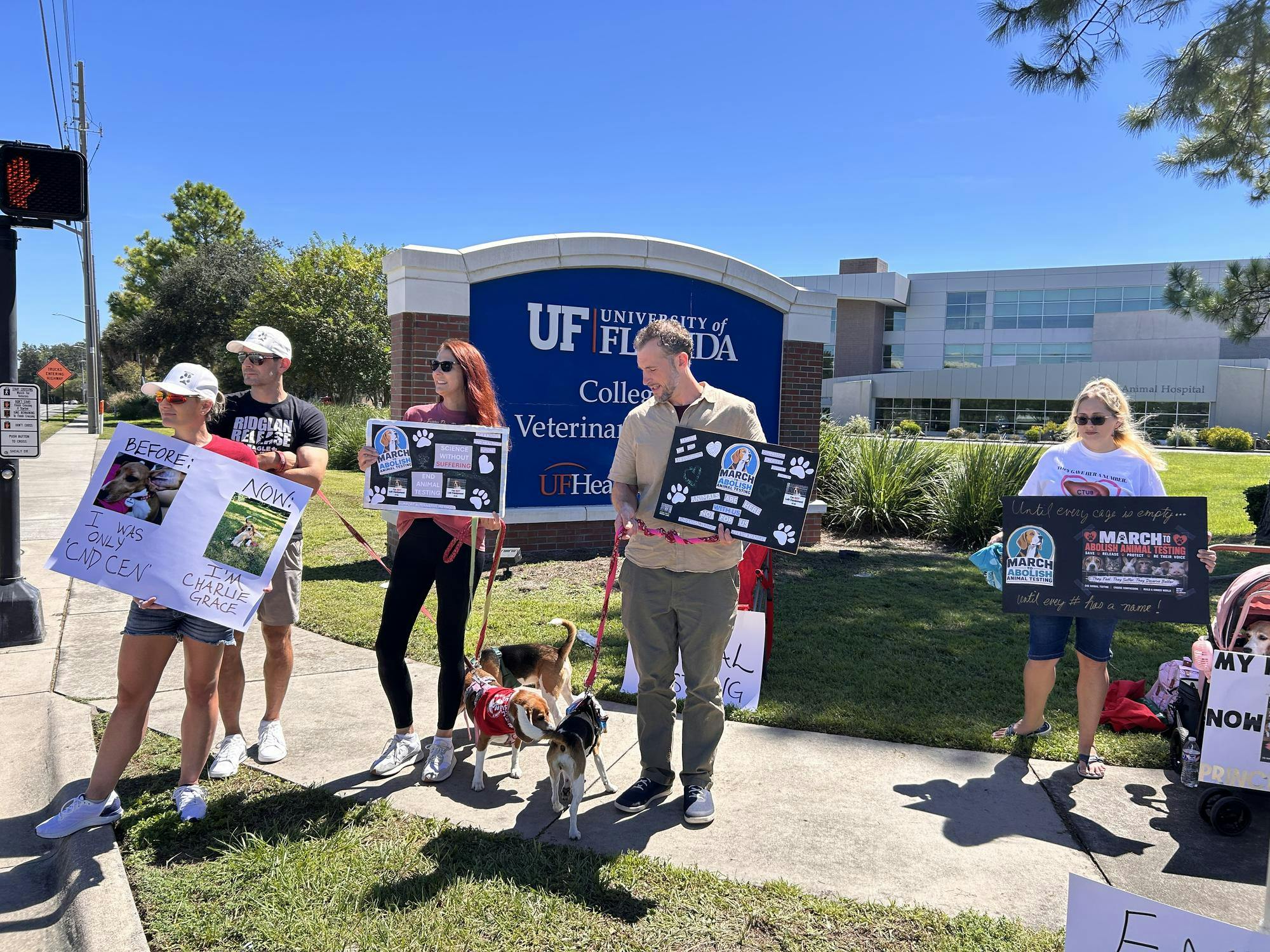 Protesters gather outside UF's Veterinary Hospital to make a stand against animal violence, Saturday, Sept. 26, 2026.