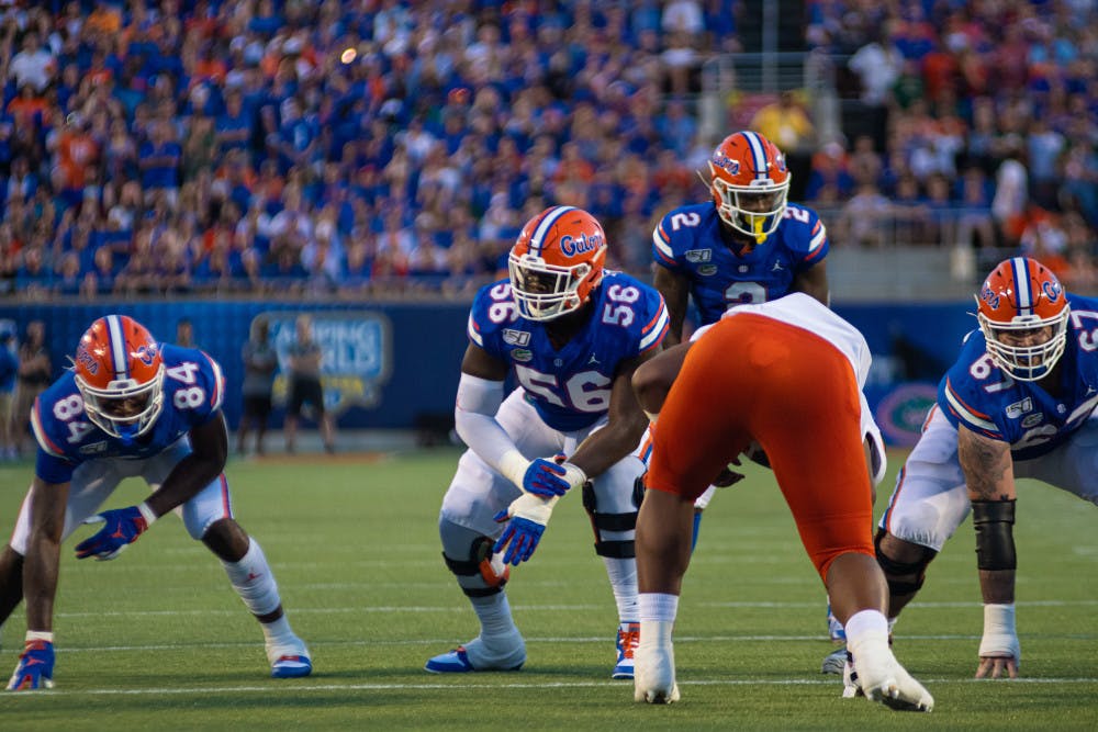 <p>Florida's offensive line struggled on Saturday. The Gators managed just 52 rushing yards.</p>