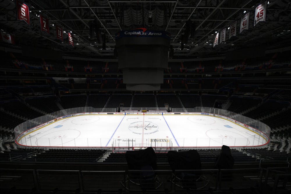 <p>FILE - This is a March 12, 2020, file photo showing Capital One Arena, home of the Washington Capitals NHL hockey club in Washington. Get used to the concept of pods and pucks if the NHL is going to have any chance of completing its season, with the most likely scenarios calling for games in empty, air-conditioned arenas during the dog days of summer. (AP Photo/Nick Wass, File)</p>