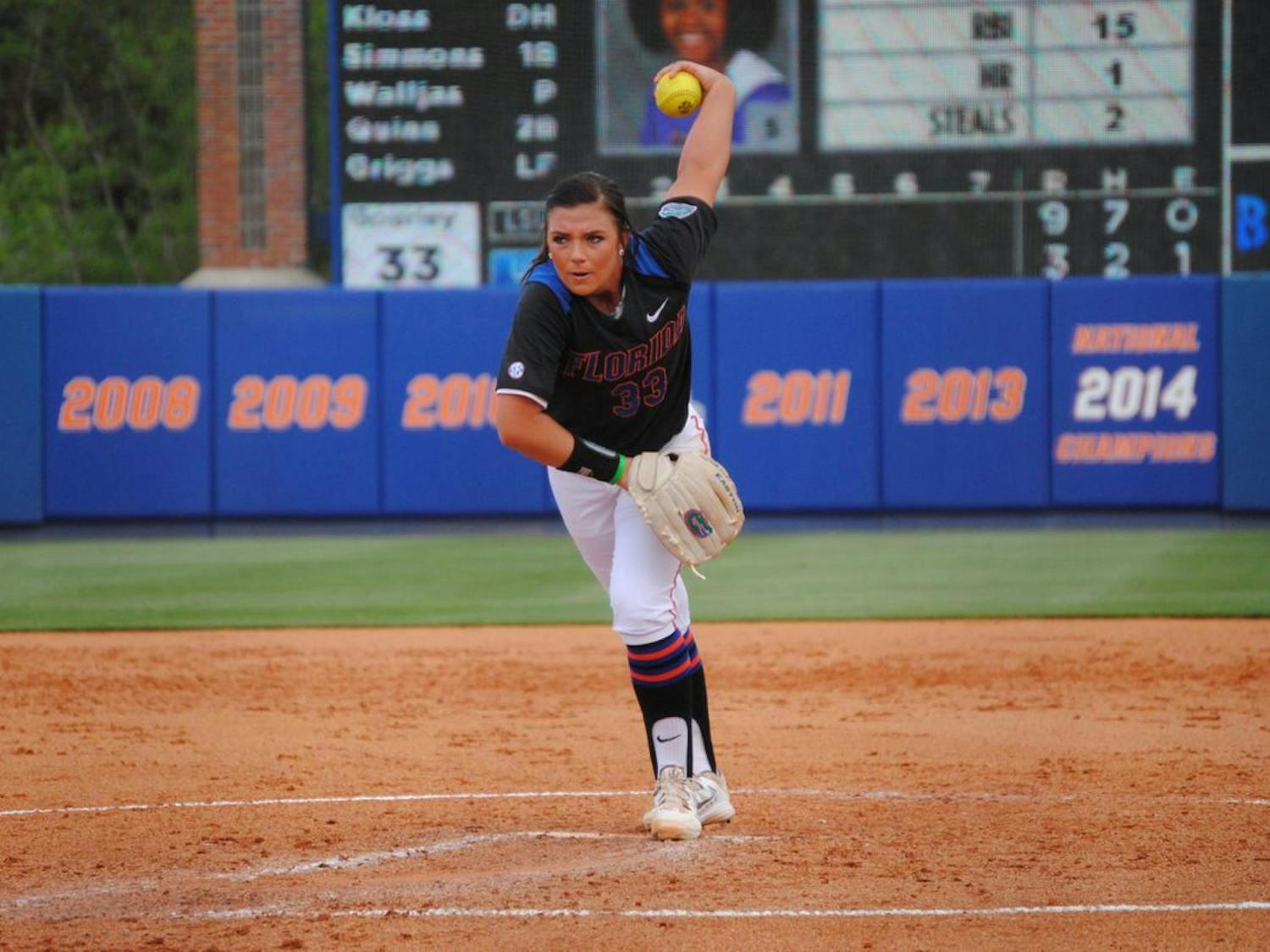 Delanie Gourley pitchers during Florida's 14-10 loss to LSU on March 14, 2015, at Katie Seashole Pressly Stadium.