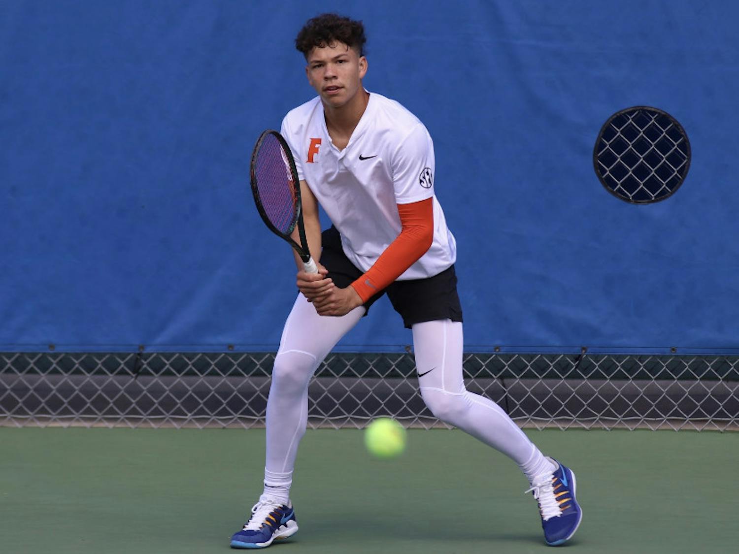 Freshman Ben Shelton prepares for a forehand return against Auburn on Feb. 21. Shelton and Andy Andrade won their doubles match 7-4 Friday against Georgia.