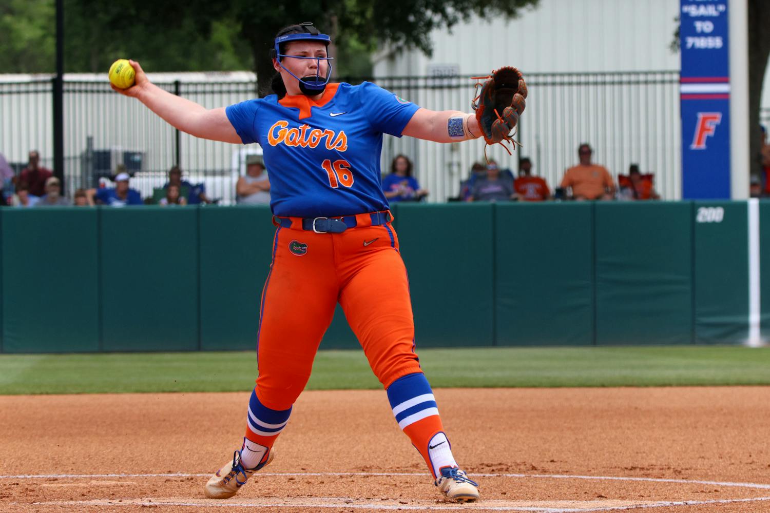 Florida pitcher Lexie Delbrey throws the ball during the Gators' 8-7 win over the Georgia Bulldogs Saturday, April 15, 2023.