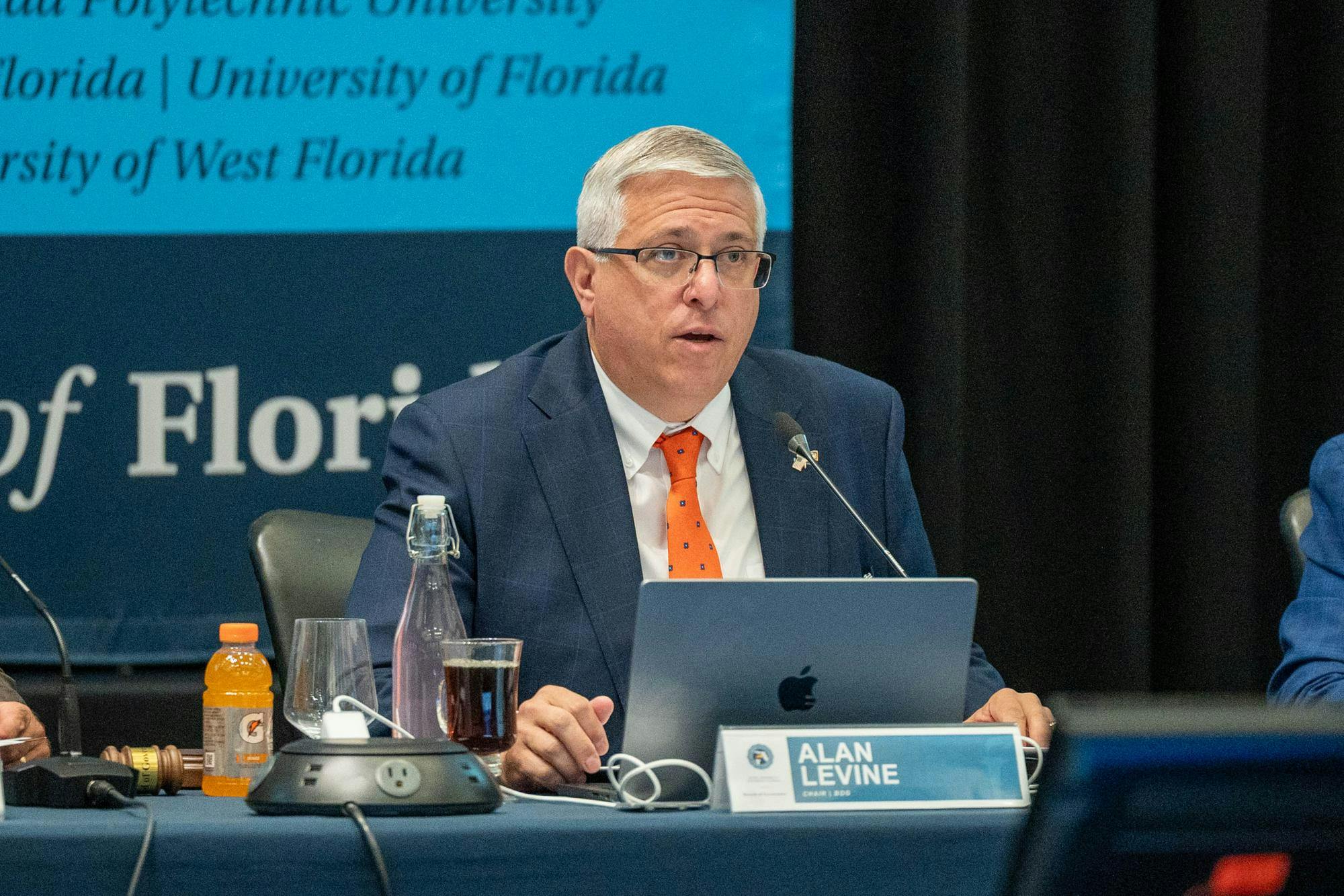 Chairman Alan Levine speaks to the room at a Board of Governors meeting inside the Grand Ballroom of the Reitz Union, Wednesday, Sept. 30, 2026, in Gainesville, Fla.
