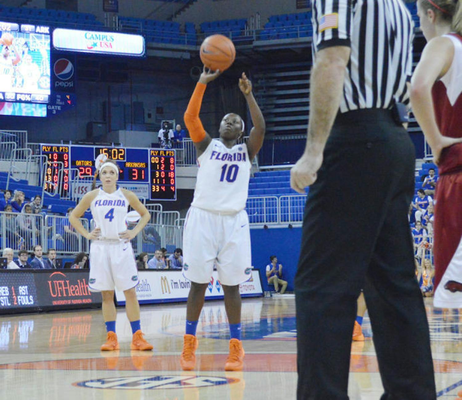 Jaterra Bonds attempts a free throw during Florida’s 59-52 win against Arkansas on Thursday night in the O’Connell Center on Jan. 9, 2014. Bonds scored 15 points in Florida’s victory, which was UF’s ninth straight win. The Gators will attempt to extend their streak to 10 games against No. 12 LSU on Sunday in Baton Rouge, La.