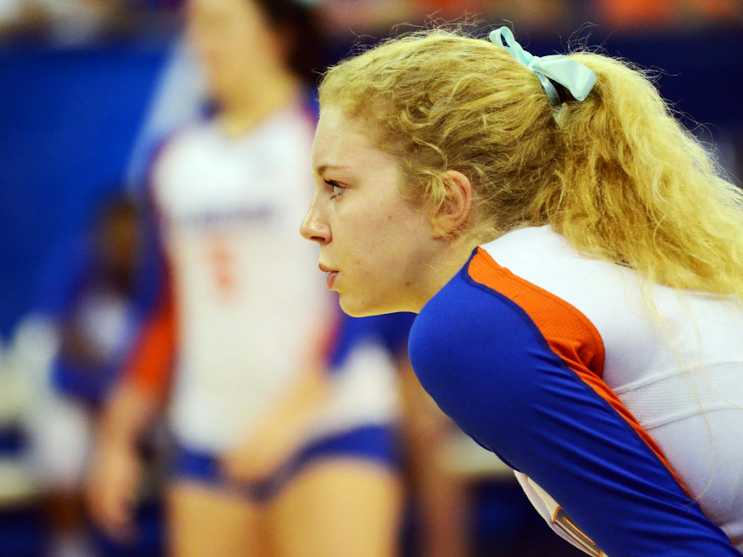 Carli Snyder awaits a play during Florida's 3-1 win against Miami in the second round of the NCAA Tournament on Saturday in the O'Connell Center.