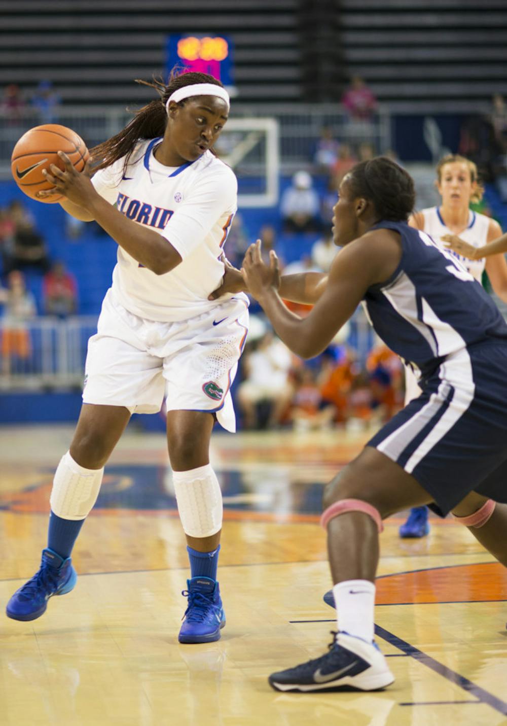 <p>Ronni Williams posts up during Florida’s win against North Florida on Sunday in the O’Connell Center.</p>