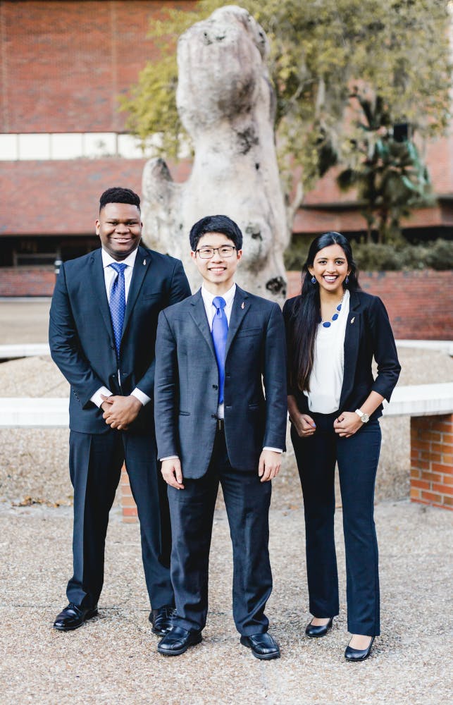 The UF Inspire Party announced its executive ticket with Zachariah Chou, 21, for Student Body president (center); Gouthami Gadamsetty, 20, for Student Body vice president (right); and Mackintosh Joachim, 19, for Student Body treasurer (left). Courtesy to The Alligator