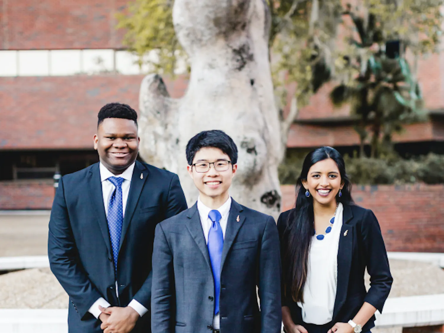 The UF Inspire Party announced its executive ticket with Zachariah Chou, 21, for Student Body president (center); Gouthami Gadamsetty, 20, for Student Body vice president (right); and Mackintosh Joachim, 19, for Student Body treasurer (left). Courtesy to The Alligator