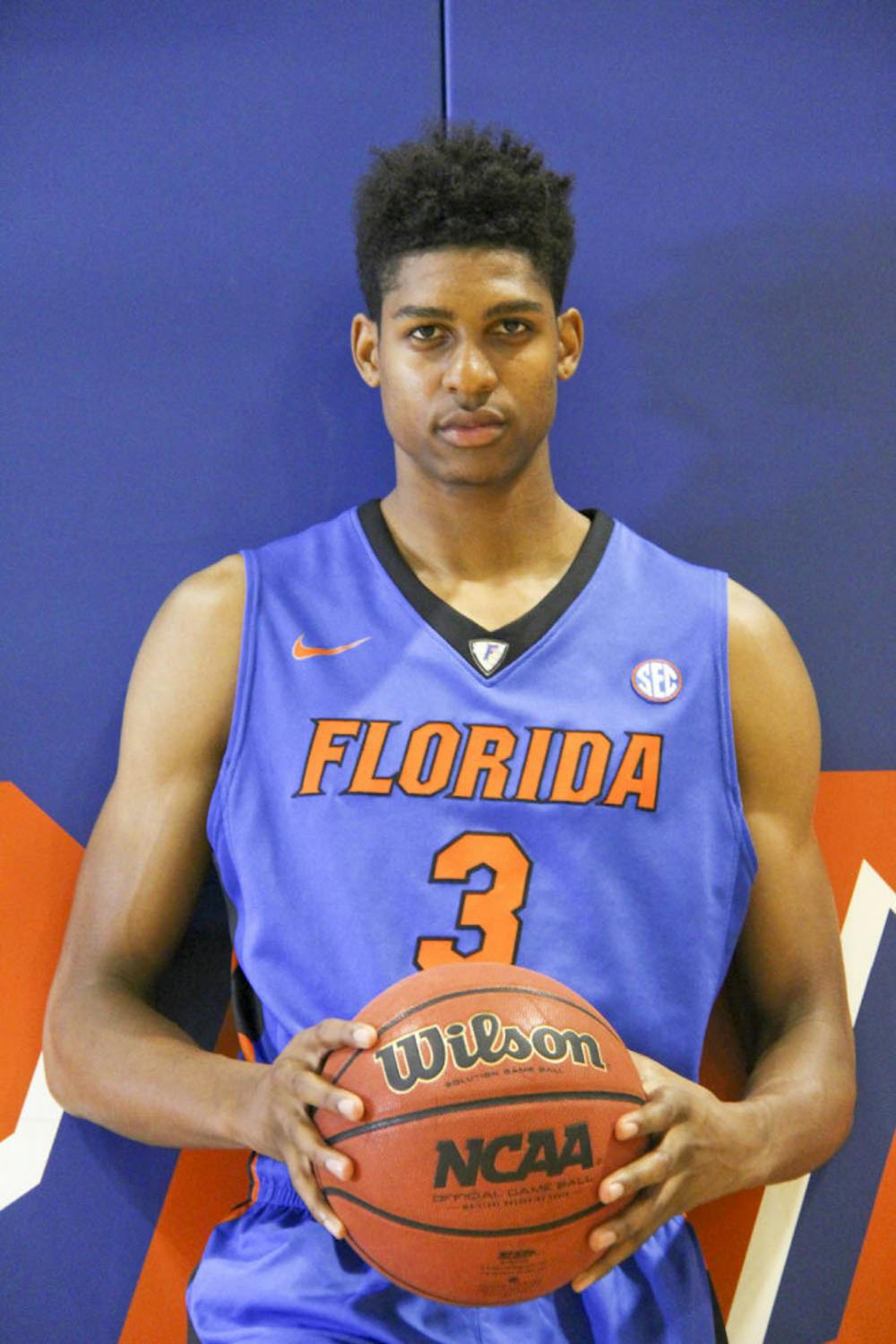 <p>Devin Robinson poses during the Florida men's basketball team's media day</p>