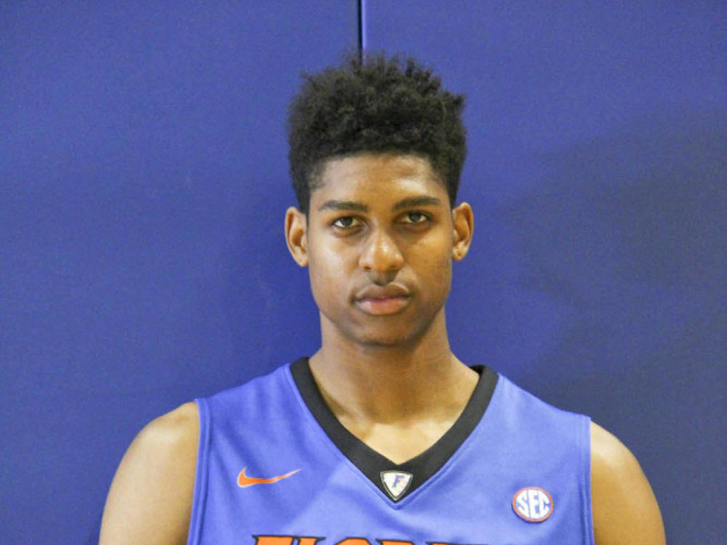 Devin Robinson poses during the Florida men's basketball team's media day